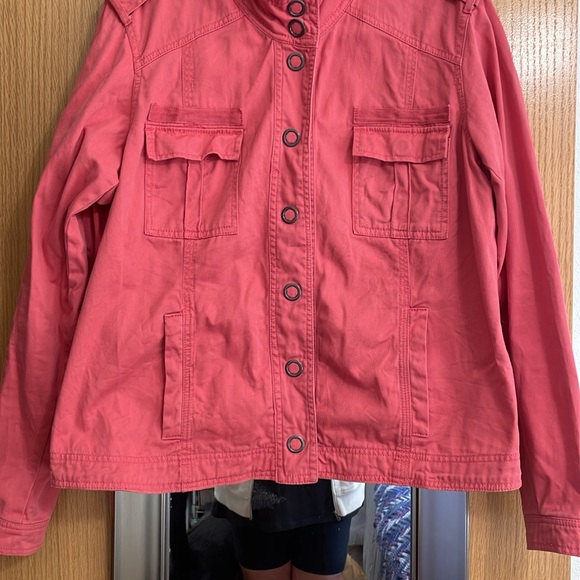Maurice’s XL coral colored moto style denim jacket snap detail 4 pockets - Picture 3 of 11